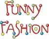 The image displays the words "FUNNY FASHION" written in a playful, stylized font made of red lines and colorful dots. Anteprima dell’immagine prodotto