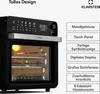 A black air fryer oven with a silver handle and a digital display, shown with feature callouts on the right side. Produktbild-Vorschau