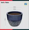 A dark blue ceramic planter with a textured gray and white base, shown with dimensions indicated by lines and text. Náhled obrázku produktu