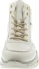 A front view of a white boot with beige laces and gold eyelets. Voir les images du produit