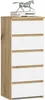 A tall, narrow chest of drawers with five drawers, made of wood with white drawer fronts, is shown against a white background. A decorative metal horse sculpture and two books are placed on top. Produktbild-Vorschau