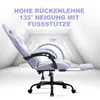 A purple gaming chair shown in a reclined position with its footrest extended. The background is a futuristic-looking white and gray corridor. Podgląd zdjęcia produktu
