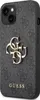 A close-up, angled view of the back of an iPhone case with a repeating Guess logo pattern and a large gold Guess logo in the center. Podgląd zdjęcia produktu