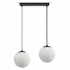 A black rectangular ceiling plate with two black cords hanging down, each ending in a white glass globe light fixture. Podgląd zdjęcia produktu