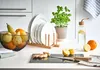 A kitchen counter with a glass cutting board, ginger, lemons, an orange, a water bottle, a plant, and a stack of plates. Náhled obrázku produktu