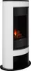 A white and black electric fireplace with a glass front showing a simulated fire. Produktbild-Vorschau