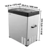 A side view of a portable refrigerator with dimensions indicated by text and lines. Produktbild-Vorschau