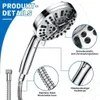 A close-up marketing image of a chrome shower head and hose, with callouts highlighting product features. Produktbild-Vorschau