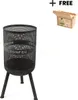 A black metal fire pit on a white background, with a small cardboard box and text indicating a free item. Produktbild-Vorschau