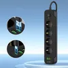 A black power strip with multiple outlets and USB ports, shown with close-up insets demonstrating USB connections. Anteprima dell’immagine prodotto