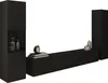 A black modular media unit with a tall cabinet on the left and a shorter, longer unit in the middle, with a tall cabinet on the right. Decorative items are placed on the media unit. Náhled obrázku produktu