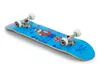 A blue skateboard with a cartoon skeleton graphic on a white background. Produktbild-Vorschau