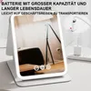 A makeup mirror with LED lights is shown charging, with text overlay describing its features. Produktbild-Vorschau
