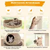 A collage of four images showcasing different features of a multi-level cat tree, with text descriptions in German. Produktbild-Vorschau