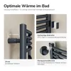 Close-up views and descriptive text highlighting features of a bathroom heater. Podgląd zdjęcia produktu