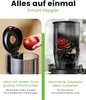 A split image showing a juicer with an apple being added to the hopper on the left, and a cutaway view of the juicer's internal mechanism processing fruit on the right. Text describes features. Podgląd zdjęcia produktu