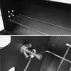Two close-up views of the interior of a black smoker grill, showing a wire rack and a fastening mechanism. Produktbild-Vorschau