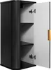 An open black cabinet with a gold handle, showing its interior shelves. Produktbild-Vorschau