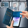 A person is inserting a credit card into a blue wallet-style phone case, which is open to reveal card slots and a phone screen. Anteprima dell’immagine prodotto