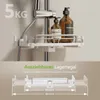 A shower shelf attached to a shower pole, with bottles of soap on it, and a diagram showing its dimensions. Anteprima dell’immagine prodotto
