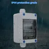A white electrical enclosure with a clear window, showing a digital meter inside, is depicted in the rain. Produktbild-Vorschau