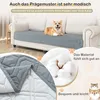 A dog is lying on a gray sofa cover on a couch. Close-ups of the fabric and cotton are also shown. Náhled obrázku produktu