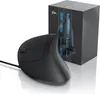 A black vertical ergonomic mouse and its packaging are displayed on a white background. Produktbild-Vorschau