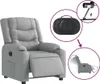 A light gray fabric recliner chair with inset diagrams showing its features. Produktbild-Vorschau