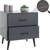A modern gray nightstand with two drawers and a marble-like finish, decorated with two candles and a small potted plant. A magnifying glass highlights a detail on the surface. Produktbild-Vorschau