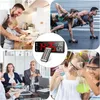 A collage of four scenes: a father and son baking, a couple working out, a digital clock with a remote, and people in a business meeting. Produktbild-Vorschau