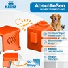 Marketing image showing an orange safety lock for children and pets, with text highlighting its features and a dog and cat in the background. Produktbild-Vorschau
