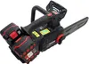 A cordless chainsaw with two batteries attached, shown from a slightly elevated angle against a white background. Podgląd zdjęcia produktu