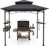 A dark gray grill gazebo with a grill and accessories set up. Produktbild-Vorschau
