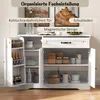 A white sideboard or buffet cabinet with its doors and drawer open, displaying organized storage compartments with kitchenware and jars. Anteprima dell’immagine prodotto