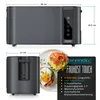 A toaster with dimensions and a close-up of toast on a plate. Voir les images du produit