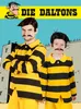 Two people dressed as The Daltons from the Lucky Luke comic series, with a comic-style background and text. Produktbild-Vorschau