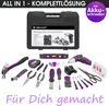 A collection of tools laid out on a white background, with a tool case in the background. Produktbild-Vorschau