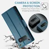 A blue flip phone case is shown with a phone inside, with graphics and text highlighting its protective features. Produktbild-Vorschau