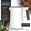 Product image showcasing a white electric kettle with a wooden-look handle, surrounded by decorative elements and text highlighting its features and specifications. A woman is also present in the lower left corner. Voir les images du produit