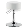 A white, round, height-adjustable stool with a chrome base and stem. Podgląd zdjęcia produktu