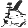 A black multi-functional fitness bench with various attachments, shown from multiple angles. Náhľad obrázku produktu