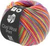 A ball of multicolored yarn with a black label. Produktbild-Vorschau
