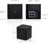 Multiple views of a black Ubiquiti Networks airCube wireless access point, with labels indicating features and dimensions. Produktbild-Vorschau