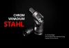 A close-up shot of a universal joint socket wrench adapter and a socket, set against a dark background with text overlays. Produktbild-Vorschau