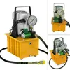 A collage of images showing a yellow electric hydraulic pump with a pressure gauge and hose. Podgląd zdjęcia produktu