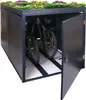 A dark grey bicycle garage with a green roof covered in flowers, containing two bicycles. One door is open. Náhled obrázku produktu