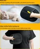 A collage of two images showing a pet grooming glove being used to remove fur from a cat and then from clothing. Produktbild-Vorschau
