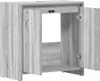 A gray wooden cabinet with two doors open, showing the interior. Produktbild-Vorschau