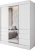 A white sliding door wardrobe with a mirrored center panel, reflecting a bedroom interior. Produktbild-Vorschau