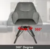 A gray swivel chair is shown in a blurred interior setting, with a red circular arrow indicating 360-degree rotation. Produktbild-Vorschau